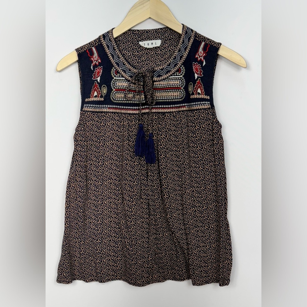 Anthropologie THML Top Black Brown Bohemian Tassel Tie V-Neck Embroidered XS